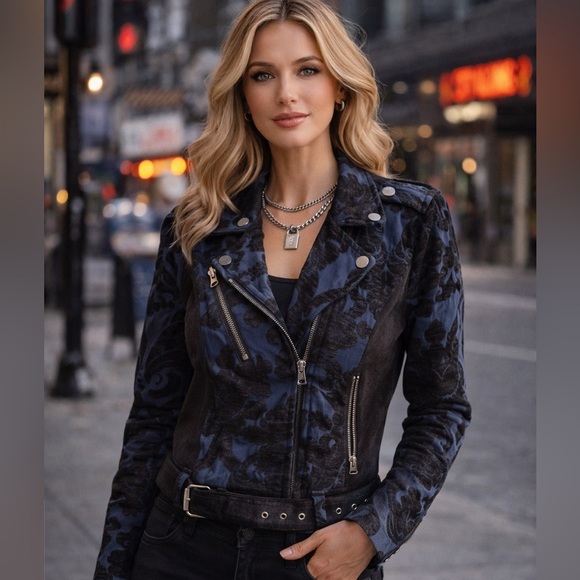Geisha Denim Jackets & Blazers - Geisha Denim Damask Moto Jacket Size S Blue Black Belted Biker Jacket